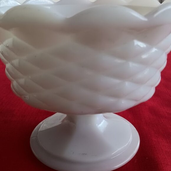 Vintage Milk Glass Diamond Weave Pattern Pedestal Bowl - Picture 4 of 8